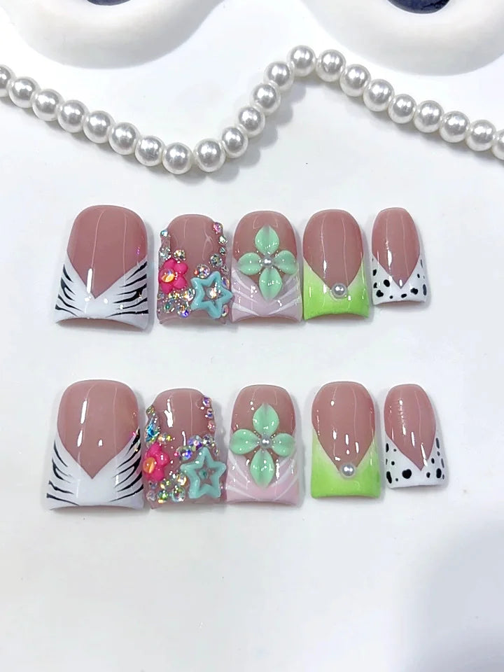 L326 - Short Nude Green Duck Animal Print French Tip Star Floral - view 3