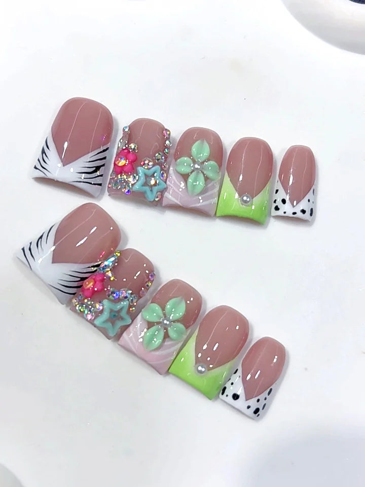 L326 - Short Nude Green Duck Animal Print French Tip Star Floral - view 5