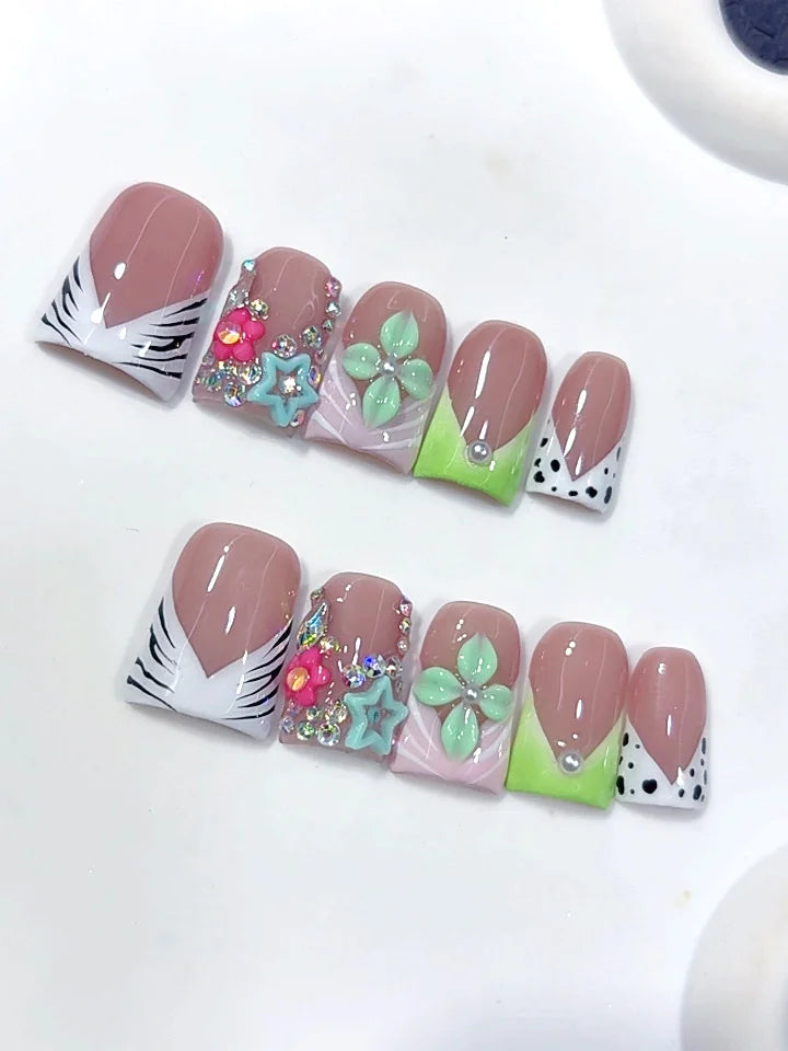 L326 - Short Nude Green Duck Animal Print French Tip Star Floral - view 6
