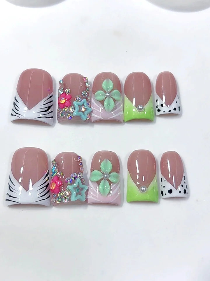 L326 - Short Nude Green Duck Animal Print French Tip Star Floral - view 7