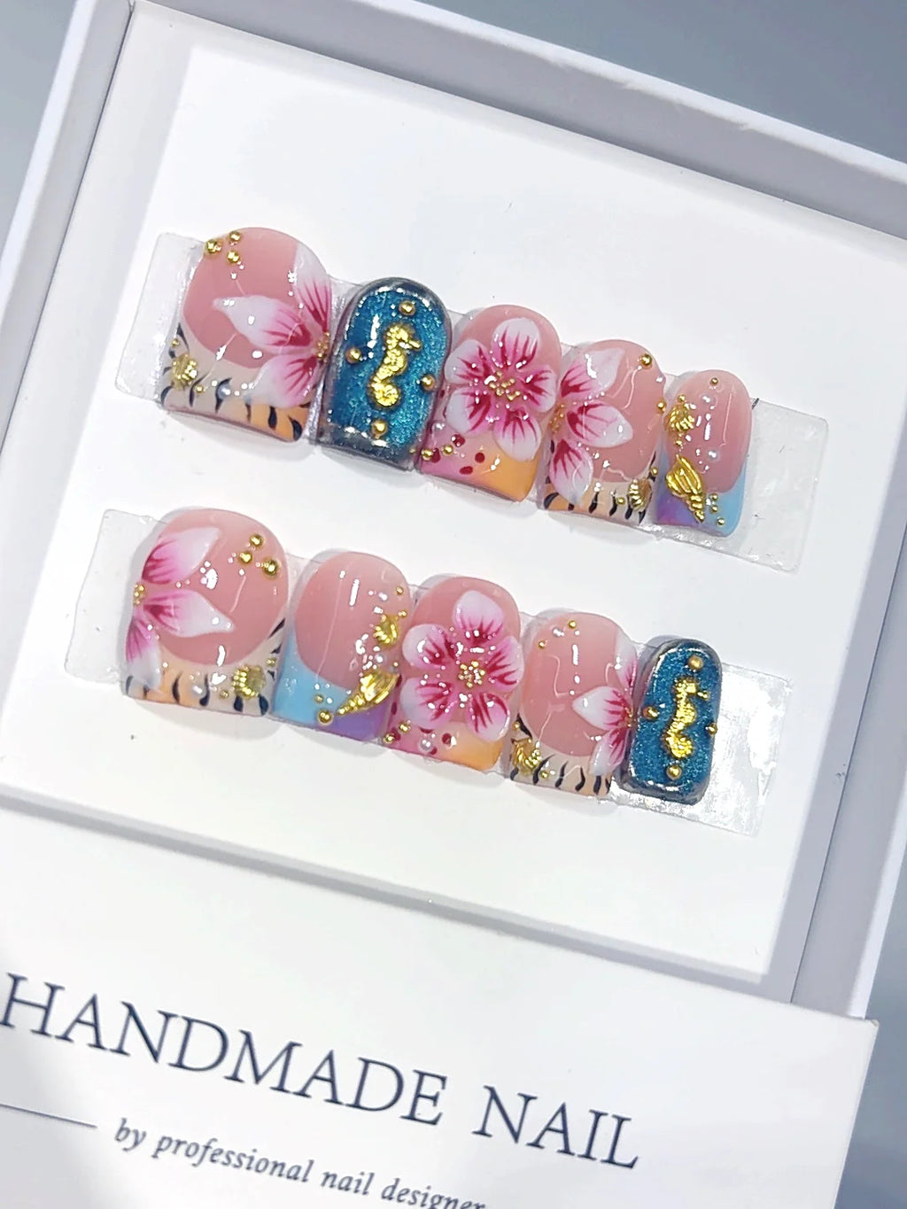 L327 - Short Pink Teal Duck French Tip 3D Flowers - view 1