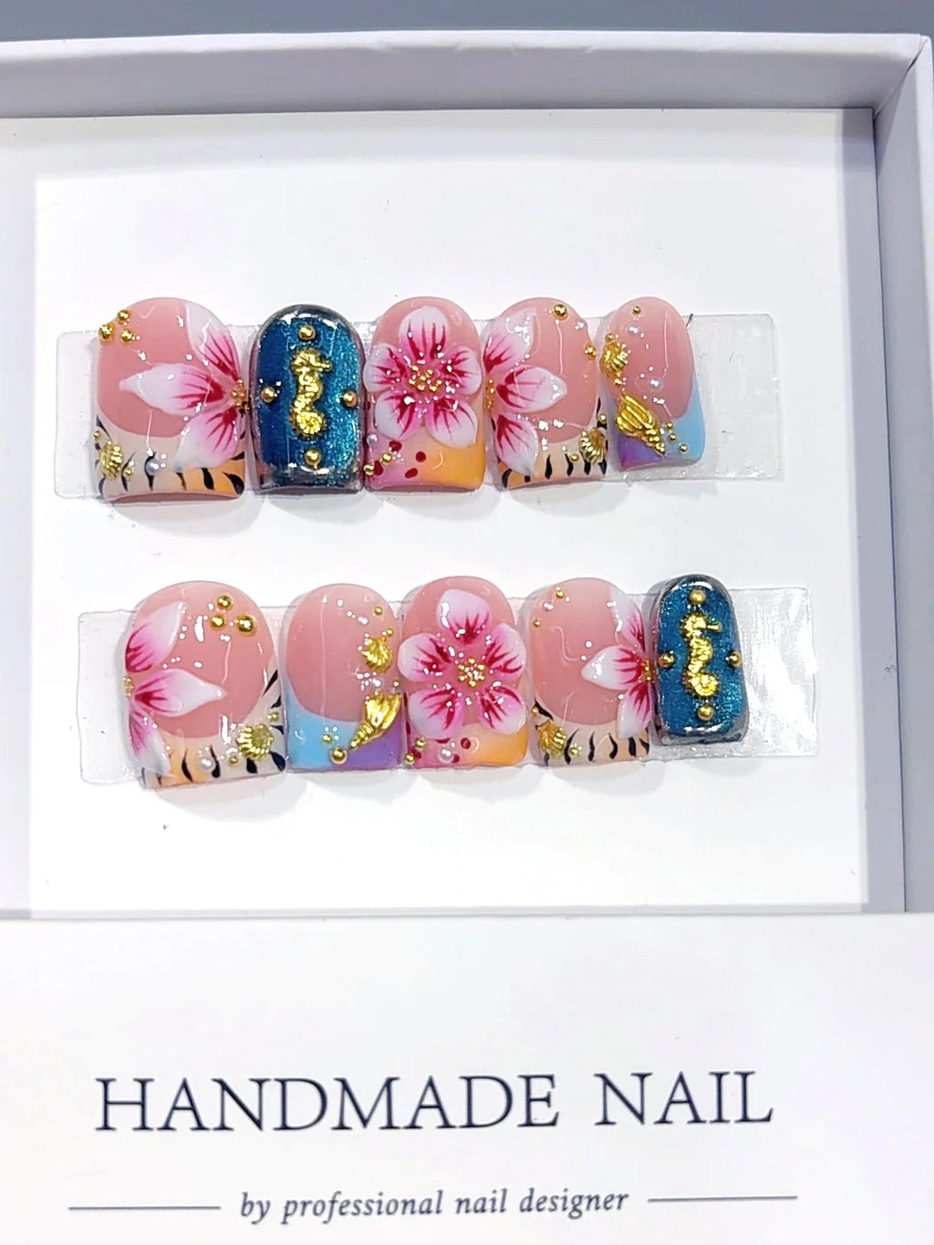 L327 - Short Pink Teal Duck French Tip 3D Flowers - view 2