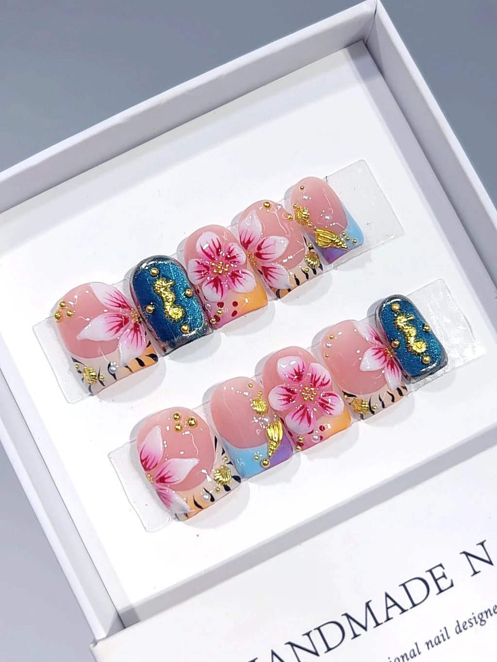 L327 - Short Pink Teal Duck French Tip 3D Flowers - view 3