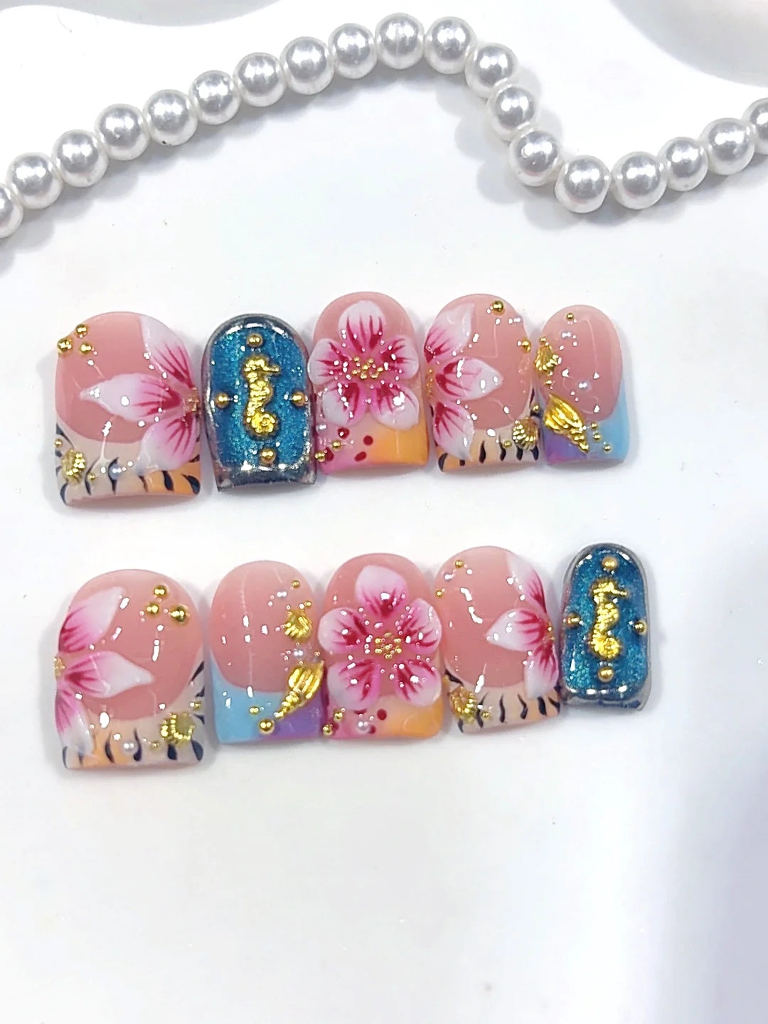 L327 - Short Pink Teal Duck French Tip 3D Flowers - view 4