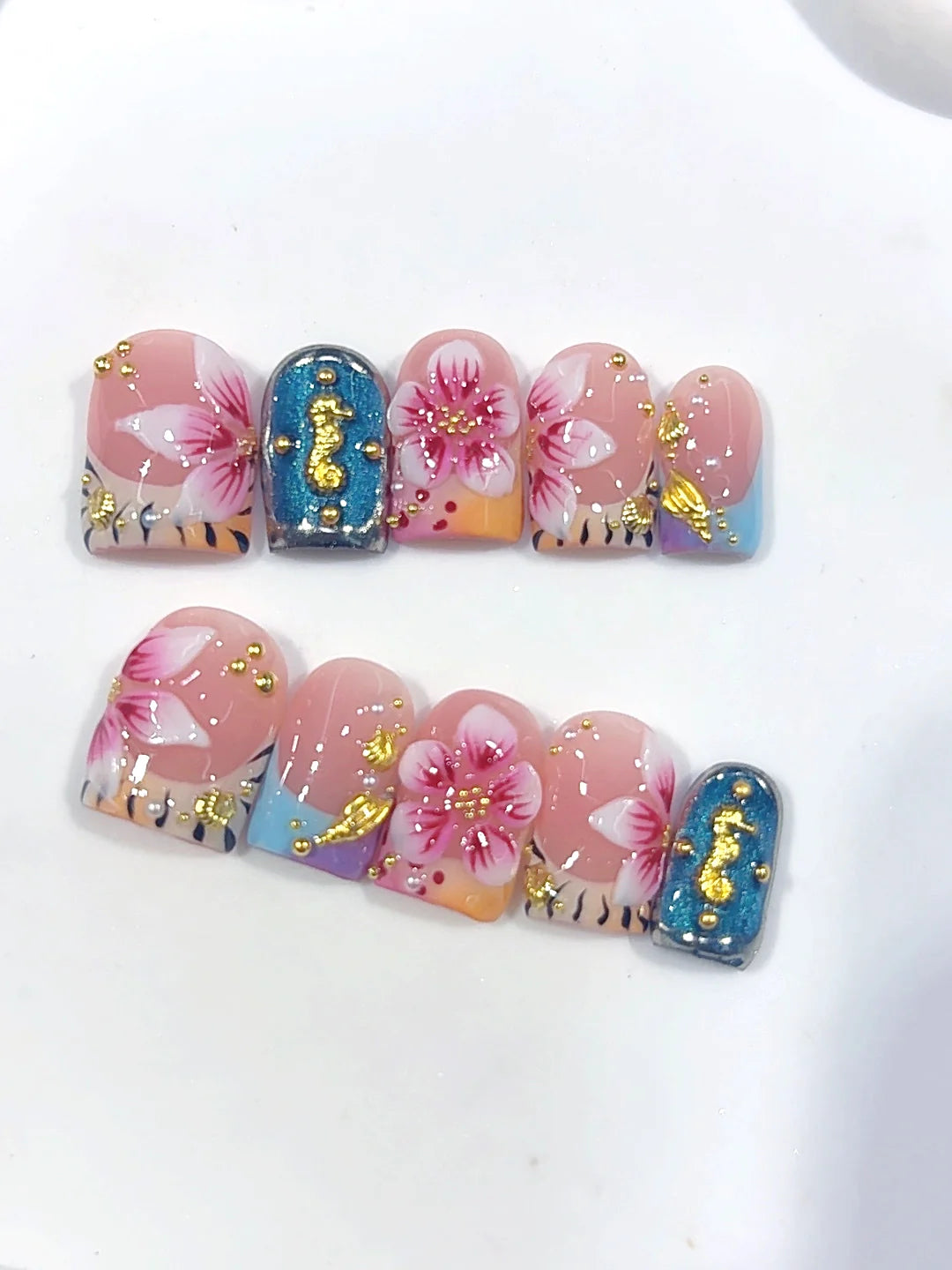 L327 - Short Pink Teal Duck French Tip 3D Flowers - view 5