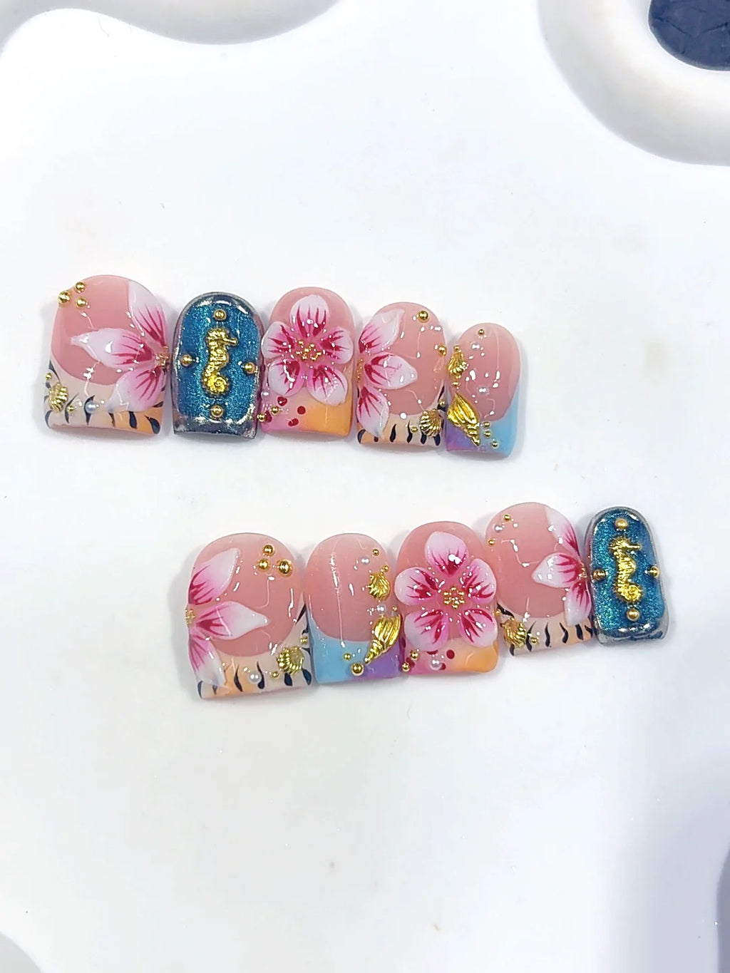 L327 - Short Pink Teal Duck French Tip 3D Flowers - view 6