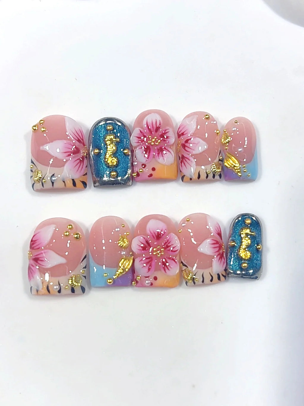 L327 - Short Pink Teal Duck French Tip 3D Flowers - view 7