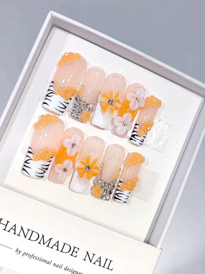 L328 - Medium Long Nude Orange Square Zebra French Tip 3D Flowers - view 1