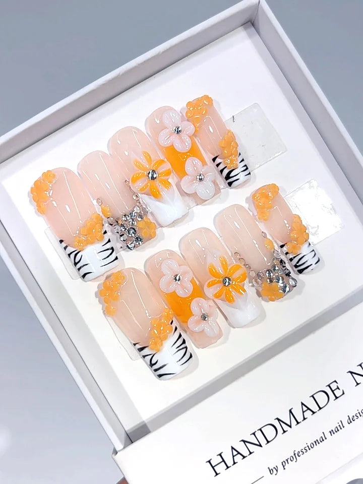 L328 - Medium Long Nude Orange Square Zebra French Tip 3D Flowers - view 3