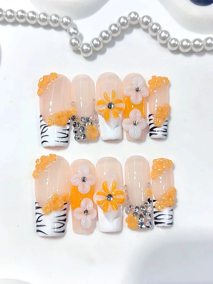 L328 - Medium Long Nude Orange Square Zebra French Tip 3D Flowers - view 4