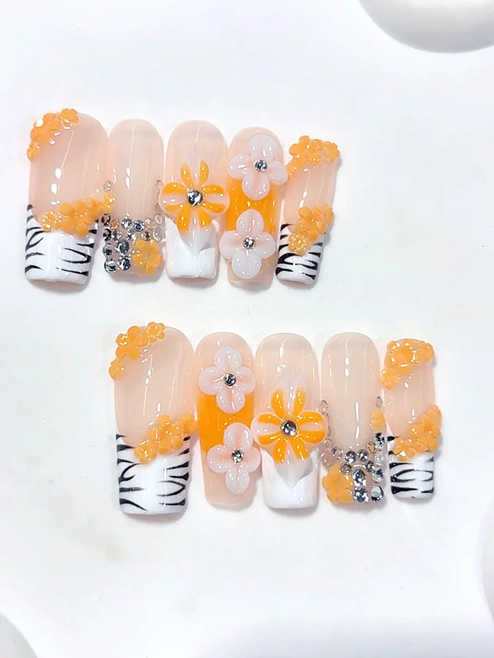 L328 - Medium Long Nude Orange Square Zebra French Tip 3D Flowers - view 6