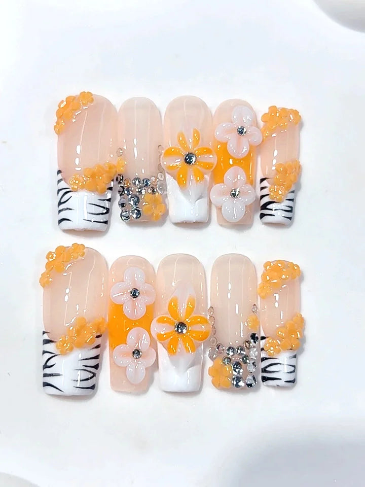 L328 - Medium Long Nude Orange Square Zebra French Tip 3D Flowers - view 7