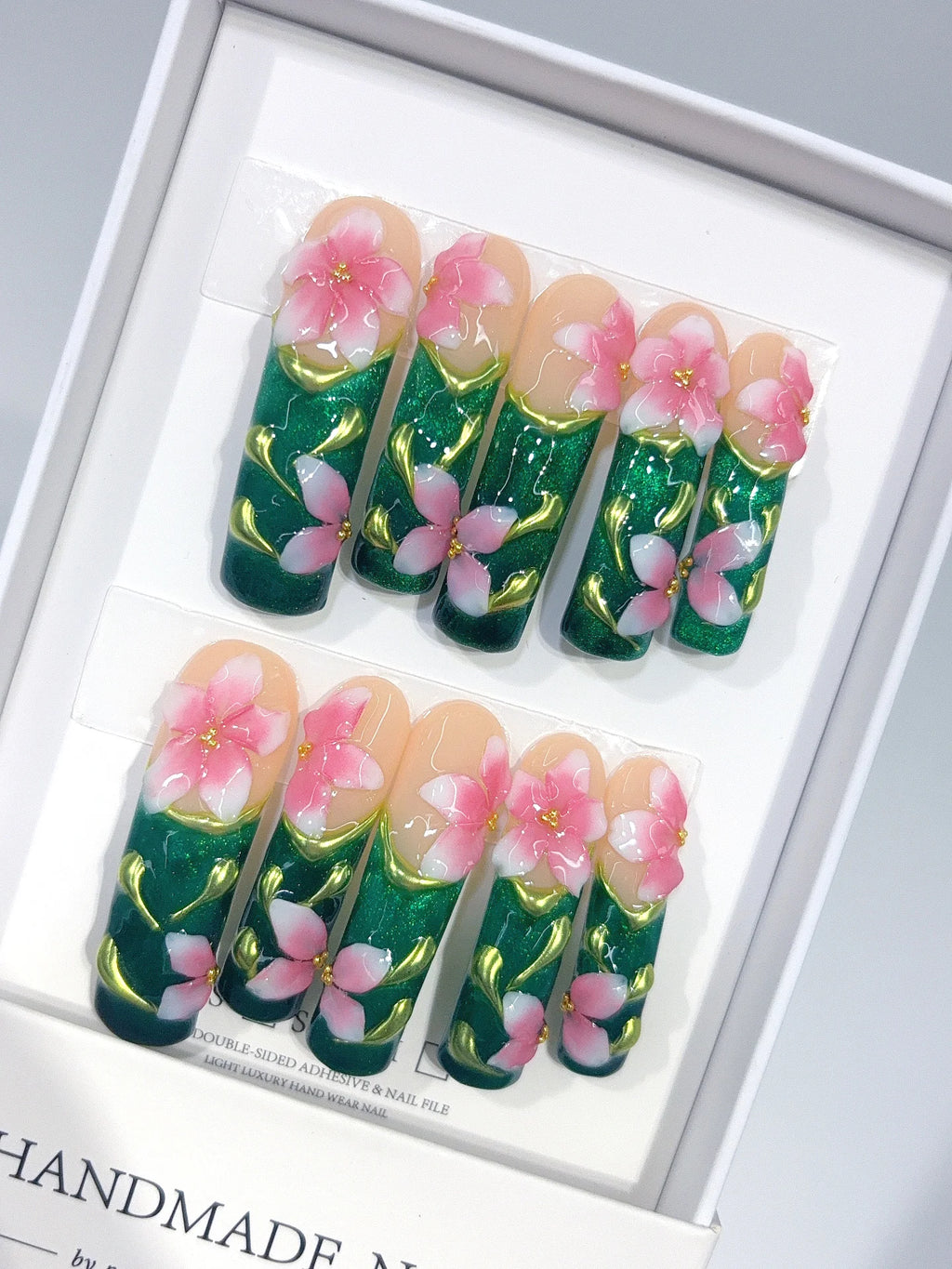 N016 - Long Emerald Green Square Cat Eye Flowers Butterflies - view 1