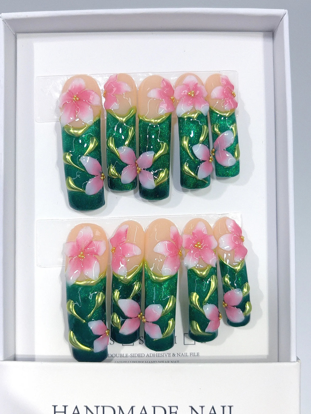 N016 - Long Emerald Green Square Cat Eye Flowers Butterflies - view 2