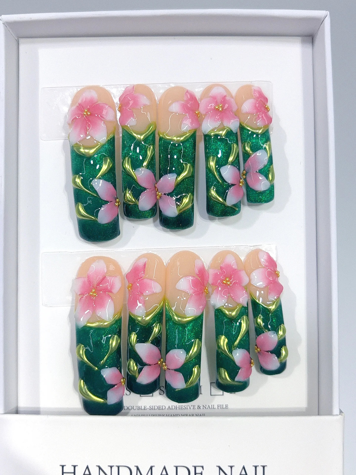 N016 - Long Emerald Green Square Cat Eye Flowers Butterflies - view 2