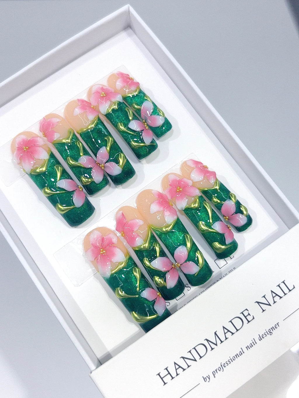 N016 - Long Emerald Green Square Cat Eye Flowers Butterflies - view 3