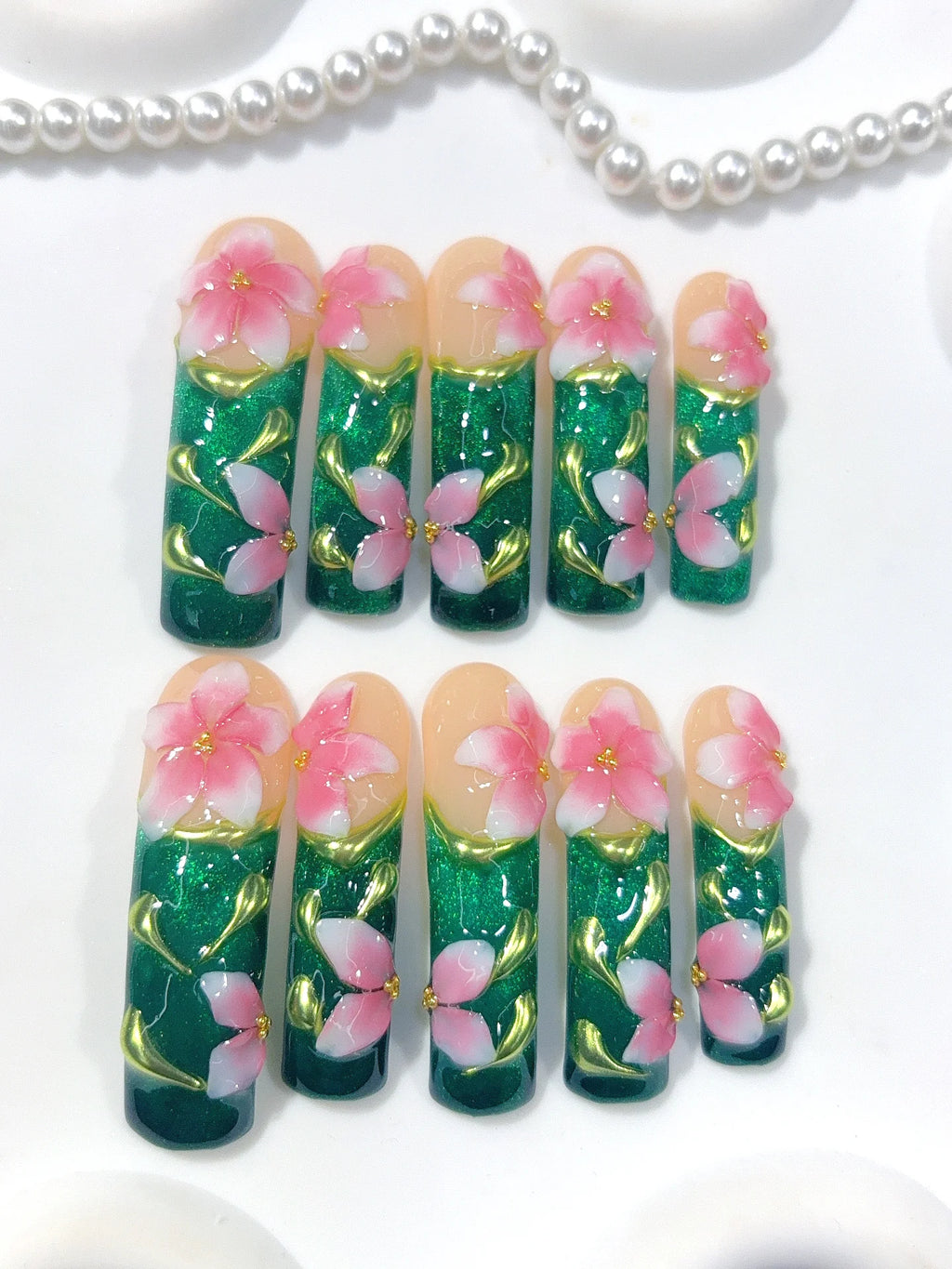 N016 - Long Emerald Green Square Cat Eye Flowers Butterflies - view 4