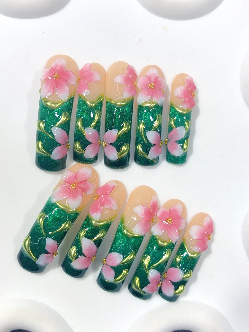 N016 - Long Emerald Green Square Cat Eye Flowers Butterflies - view 6