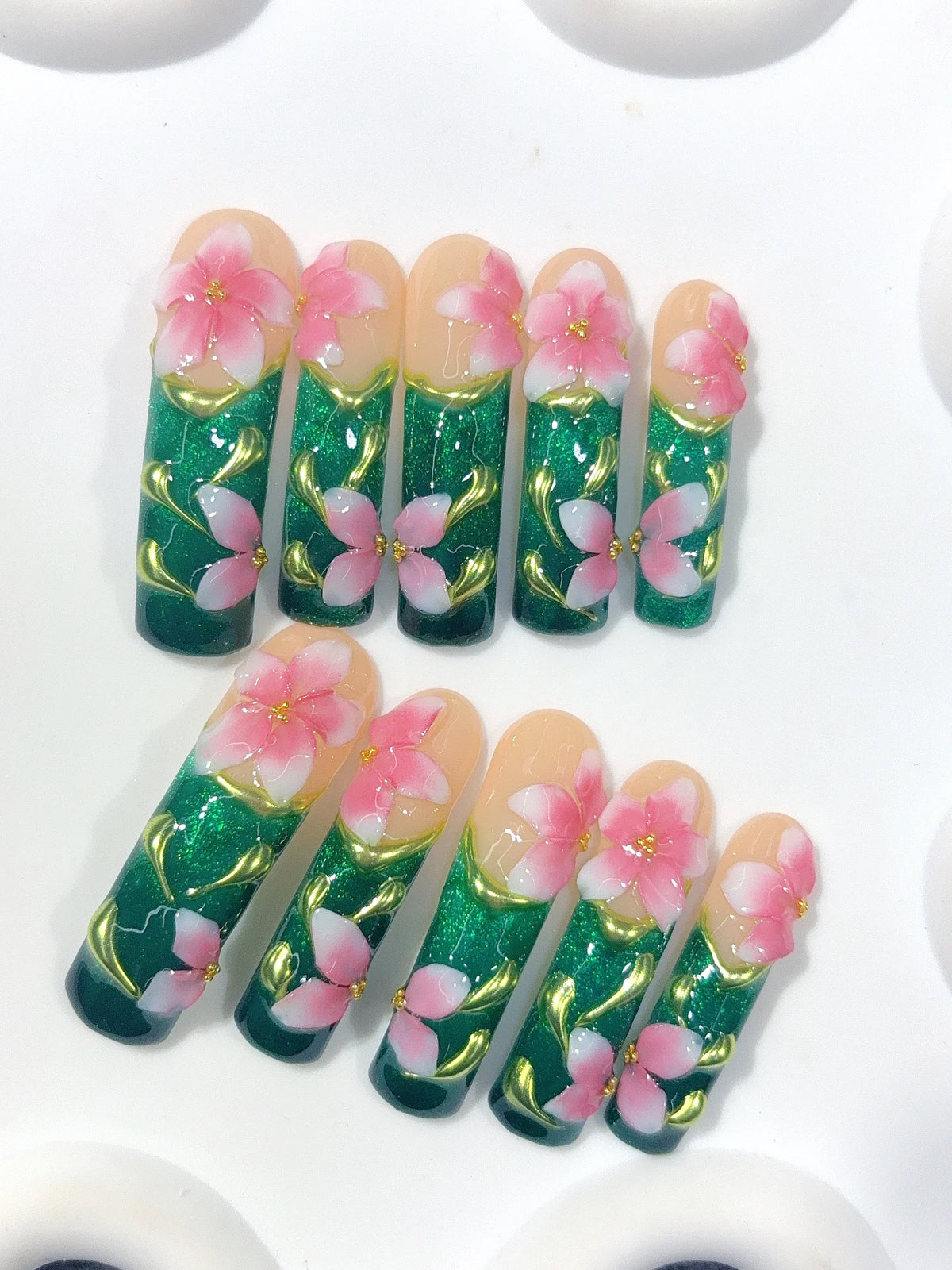 N016 - Long Emerald Green Square Cat Eye Flowers Butterflies - view 6