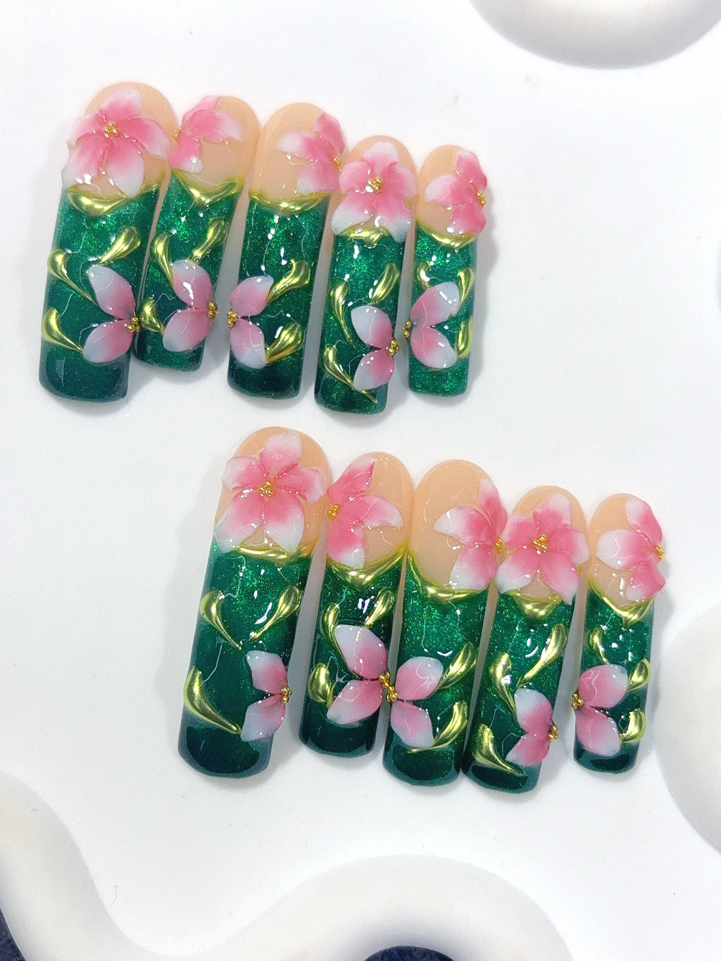 N016 - Long Emerald Green Square Cat Eye Flowers Butterflies - view 7