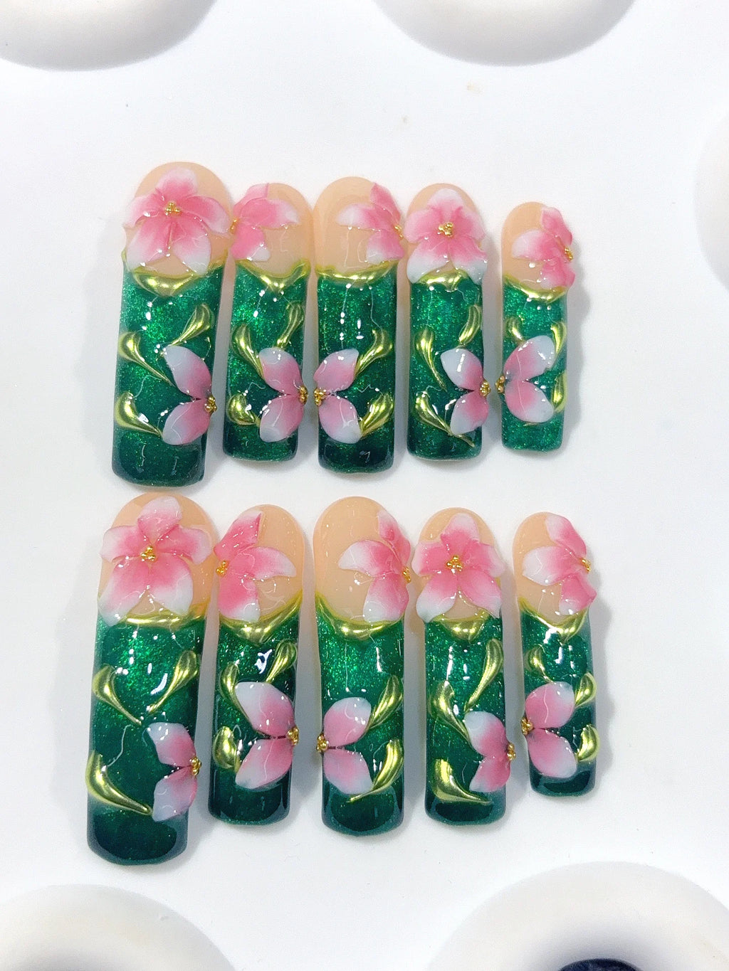 N016 - Long Emerald Green Square Cat Eye Flowers Butterflies - view 8