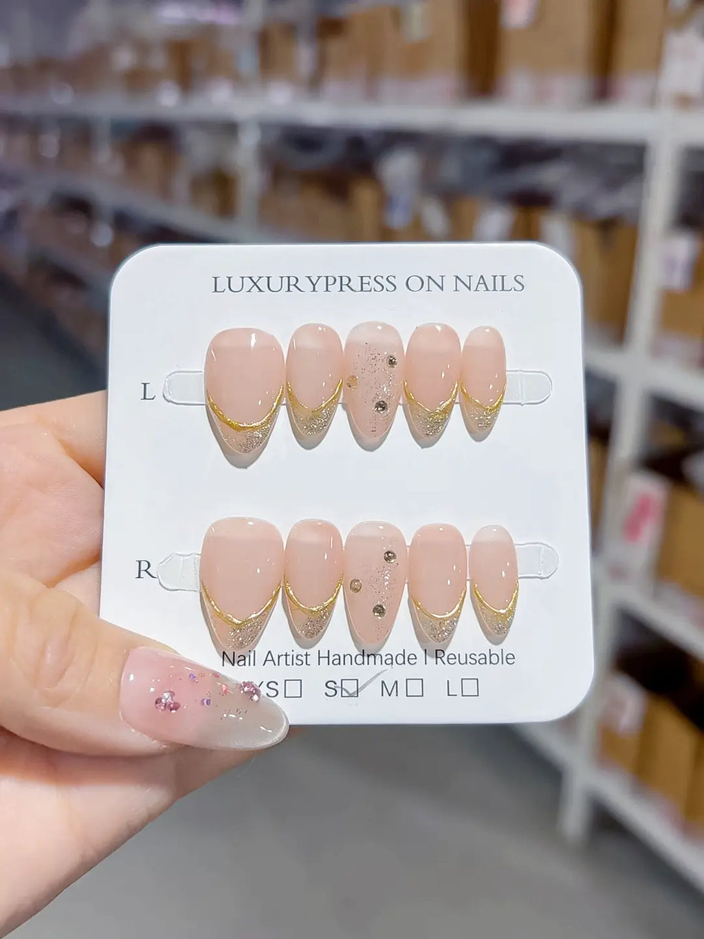 short almond nude with gold french and rhinestones, handmade press on nails centerpiece